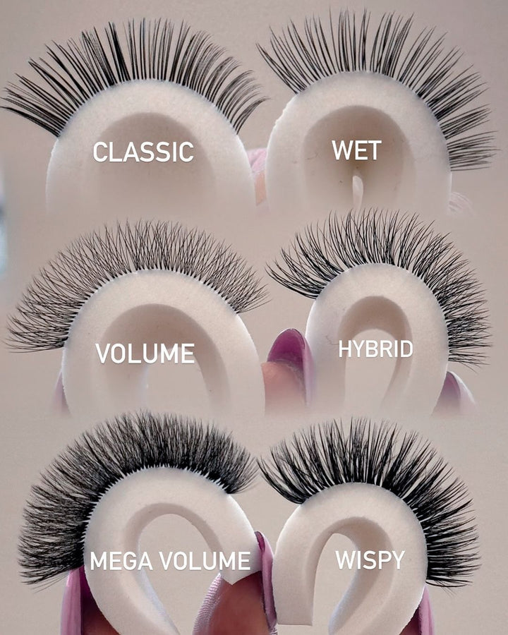 Overview of the different lash sets to include classic hybrid volume lashes, mega volume lash extensions, and wispy volume lash extensions.