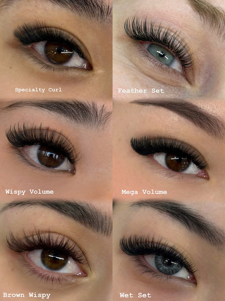 Overview of the different volume set lashes to include specialty curl, feather set, wispy volume lashes, mega volume lashes, full volume wispy lashes, and wet set lashes