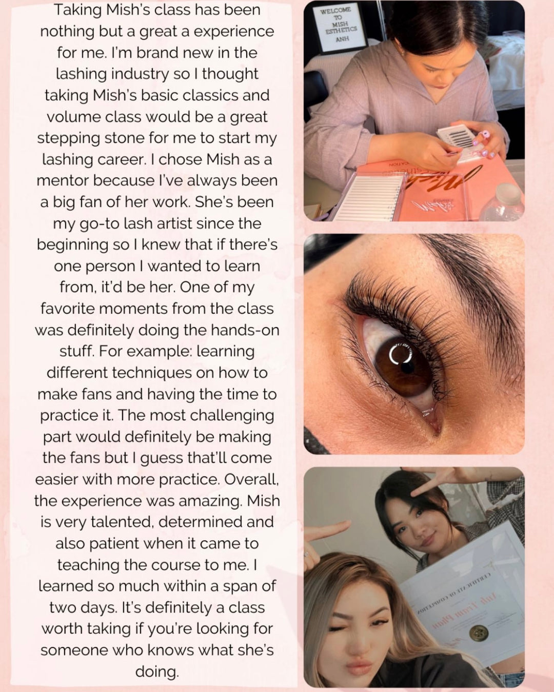 Testimonial for the Mish Esthetics lash training